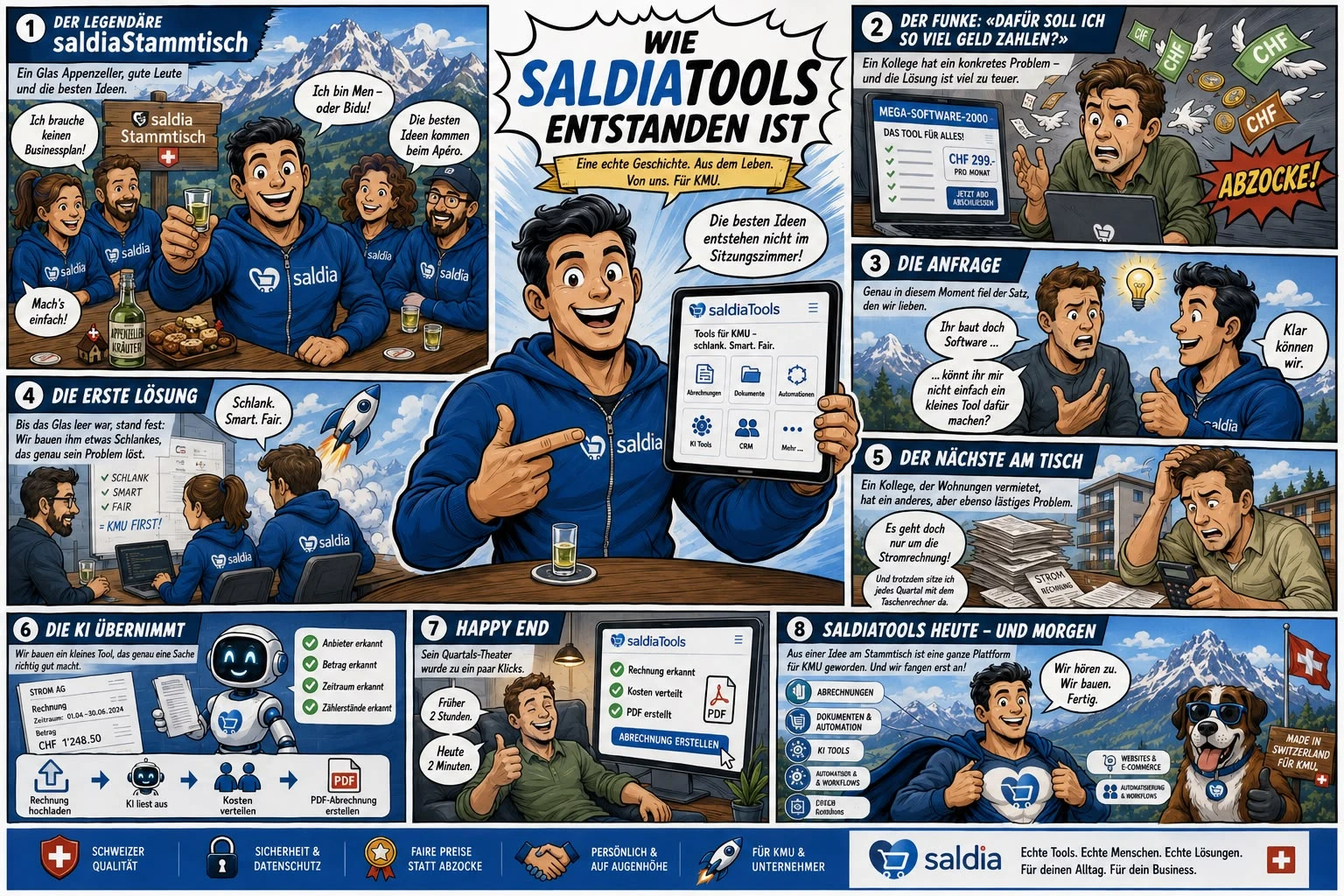 Comic: Wie saldiaTools entstanden ist – vom saldiaStammtisch über die erste Anfrage bis zur fertigen Plattform für KMU