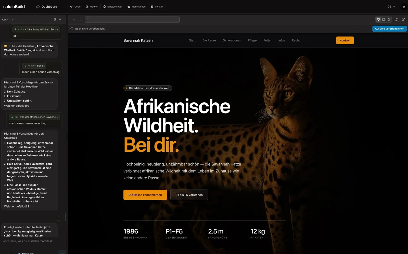 saldiaBuild-Editor mit einer fertigen Landingpage und dem Chat zum Verfeinern