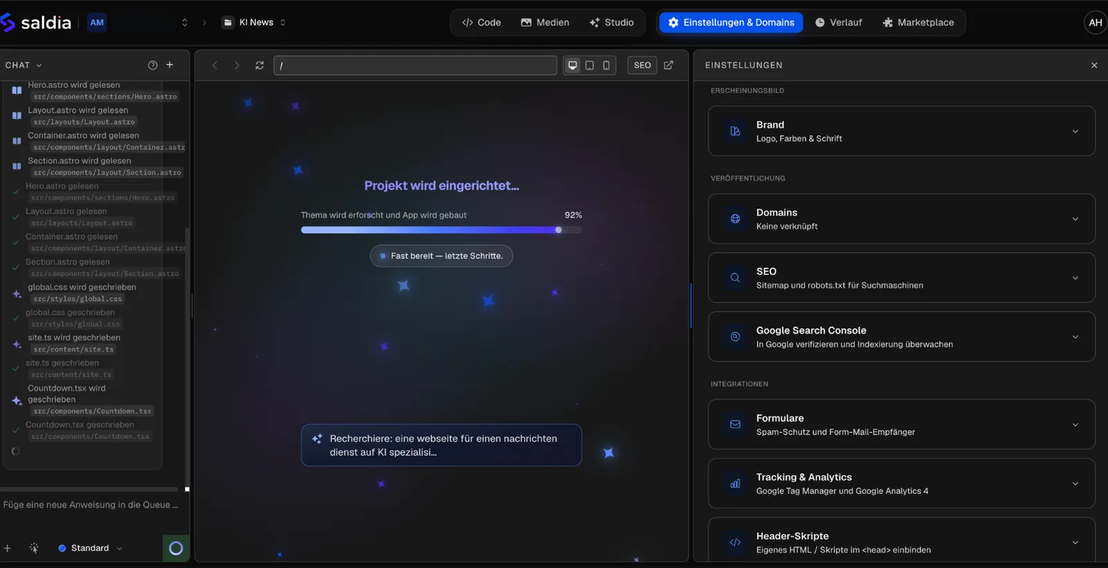 saldiaBuild recherchiert das Thema und baut die App — mit Live-Log
