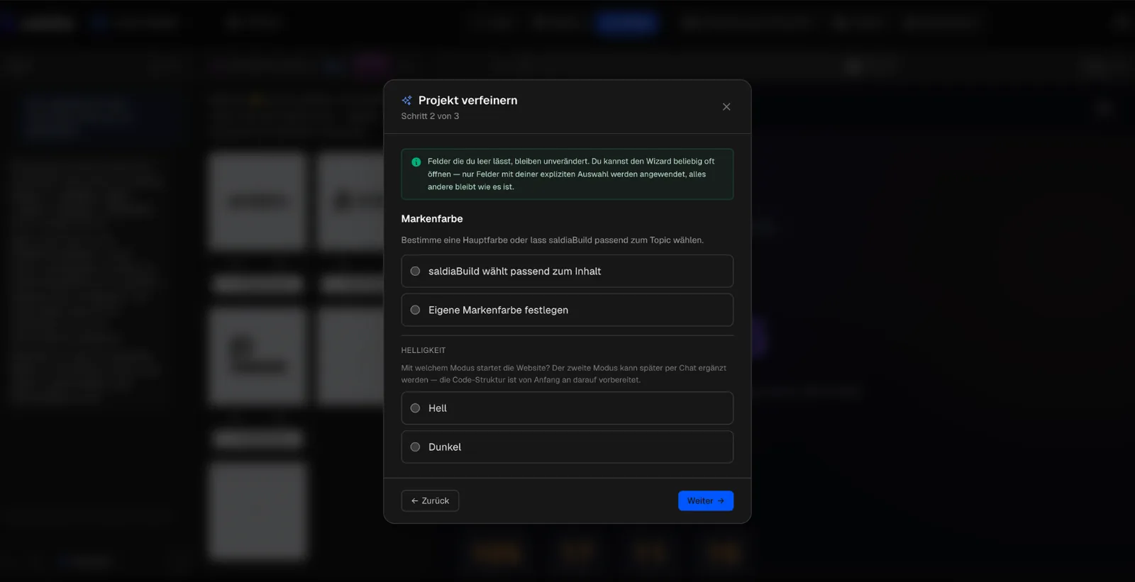 Verfeinern-Wizard Schritt 2: Brand color & mode
