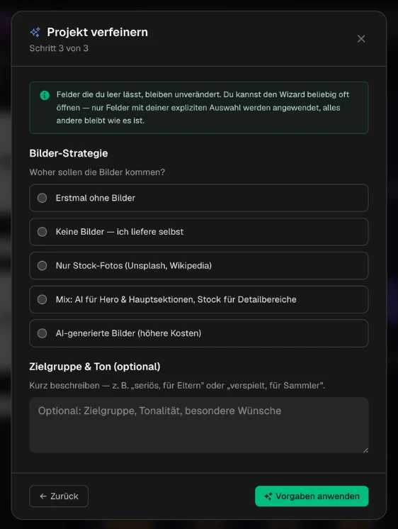 Verfeinern-Wizard Schritt 3: Bilder & Zielgruppe