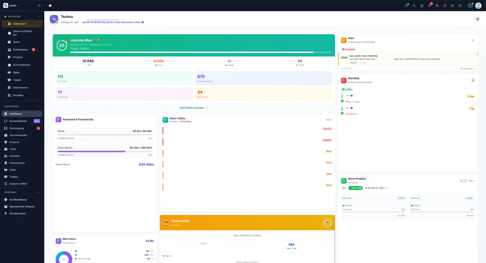 saldiaCore Dashboard — Arbeitszeit, TODOs, Projekte und Fortschritt auf einen Blick