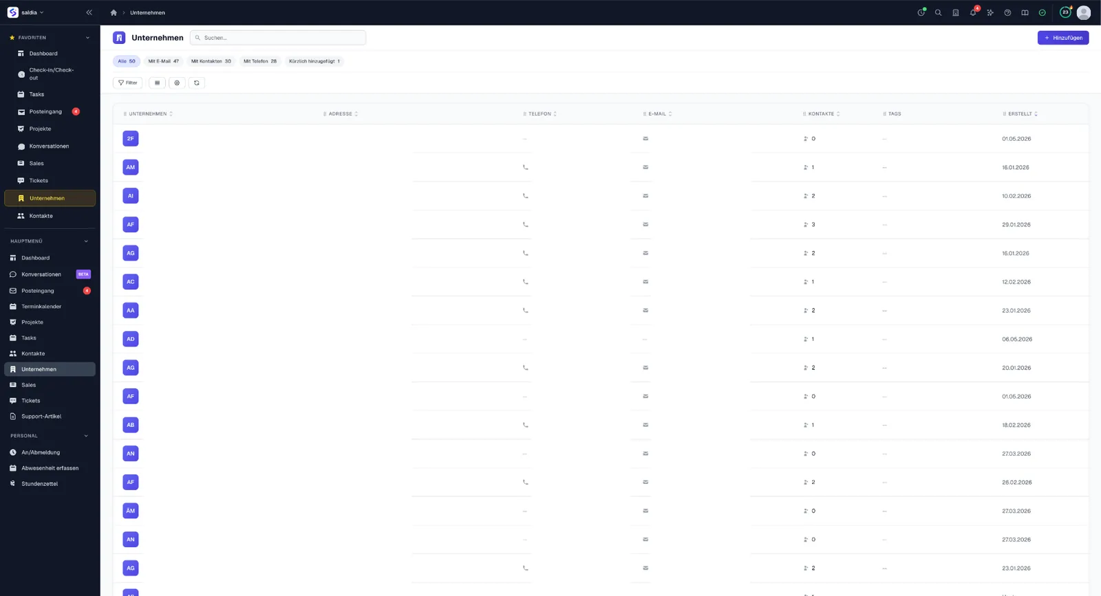 saldiaCore Unternehmen & Kontakte — CRM-Liste mit Filtern