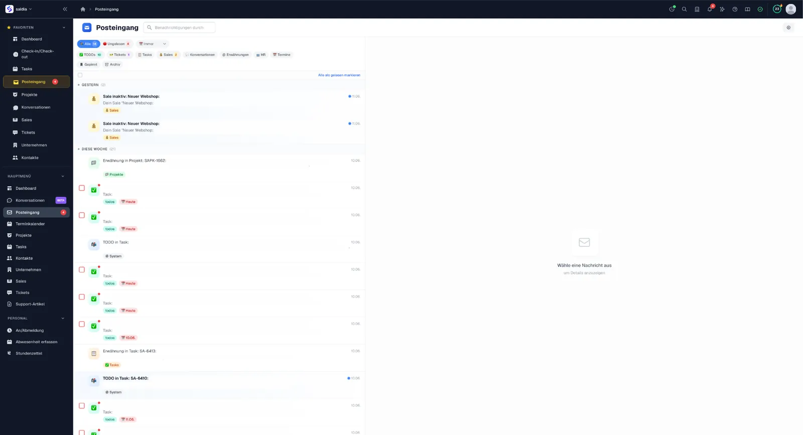 saldiaCore Posteingang — Tickets, Tasks, Erwähnungen und Sales gebündelt