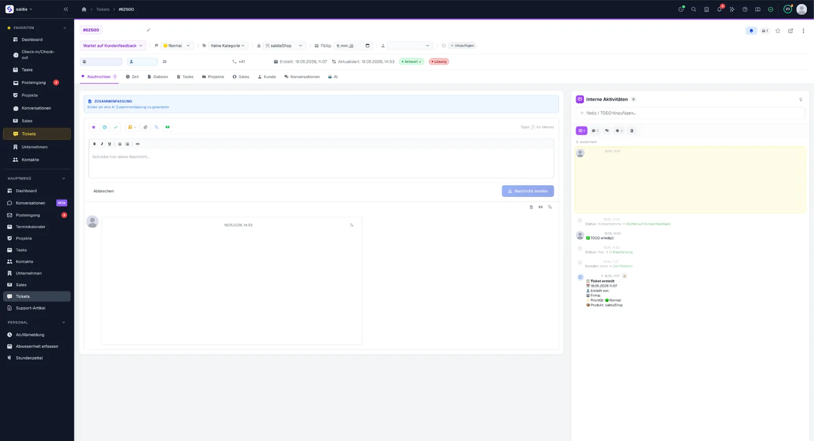 saldiaCore Ticket-Detail mit Status, Nachrichten und AI-Zusammenfassung