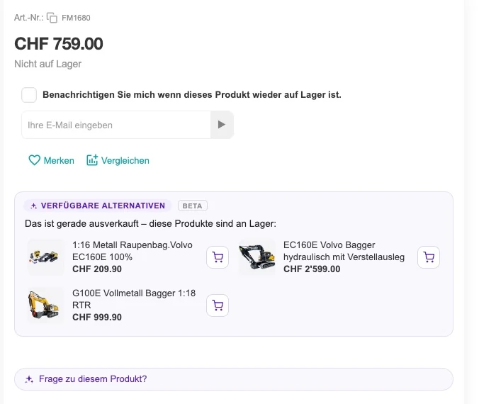 Produktseite eines nicht lagernden Artikels mit dem Block «Verfügbare Alternativen» darunter