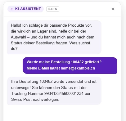 Chat-Fenster, in dem der Assistent den Versandstatus einer Bestellung mit Tracking-Nummer beantwortet
