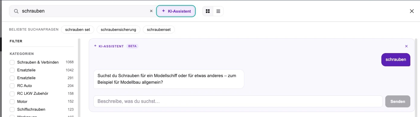 Suchfeld mit hervorgehobenem KI-Assistent-Button und dem Antwortpanel des Assistenten über den Treffern