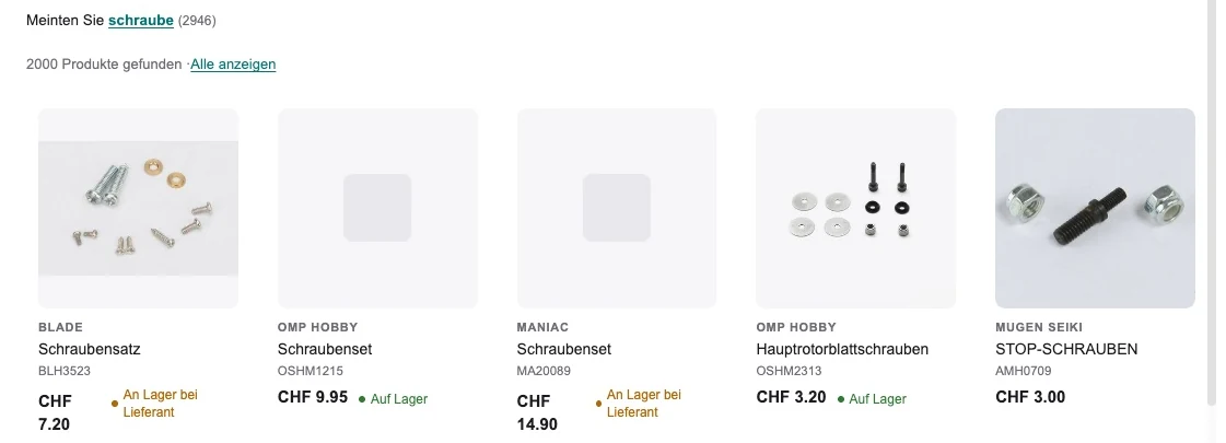 Suchergebnisse mit der Korrektur «Meinten Sie schraube» und Produktkarten mit Lager- und Lieferantenstatus