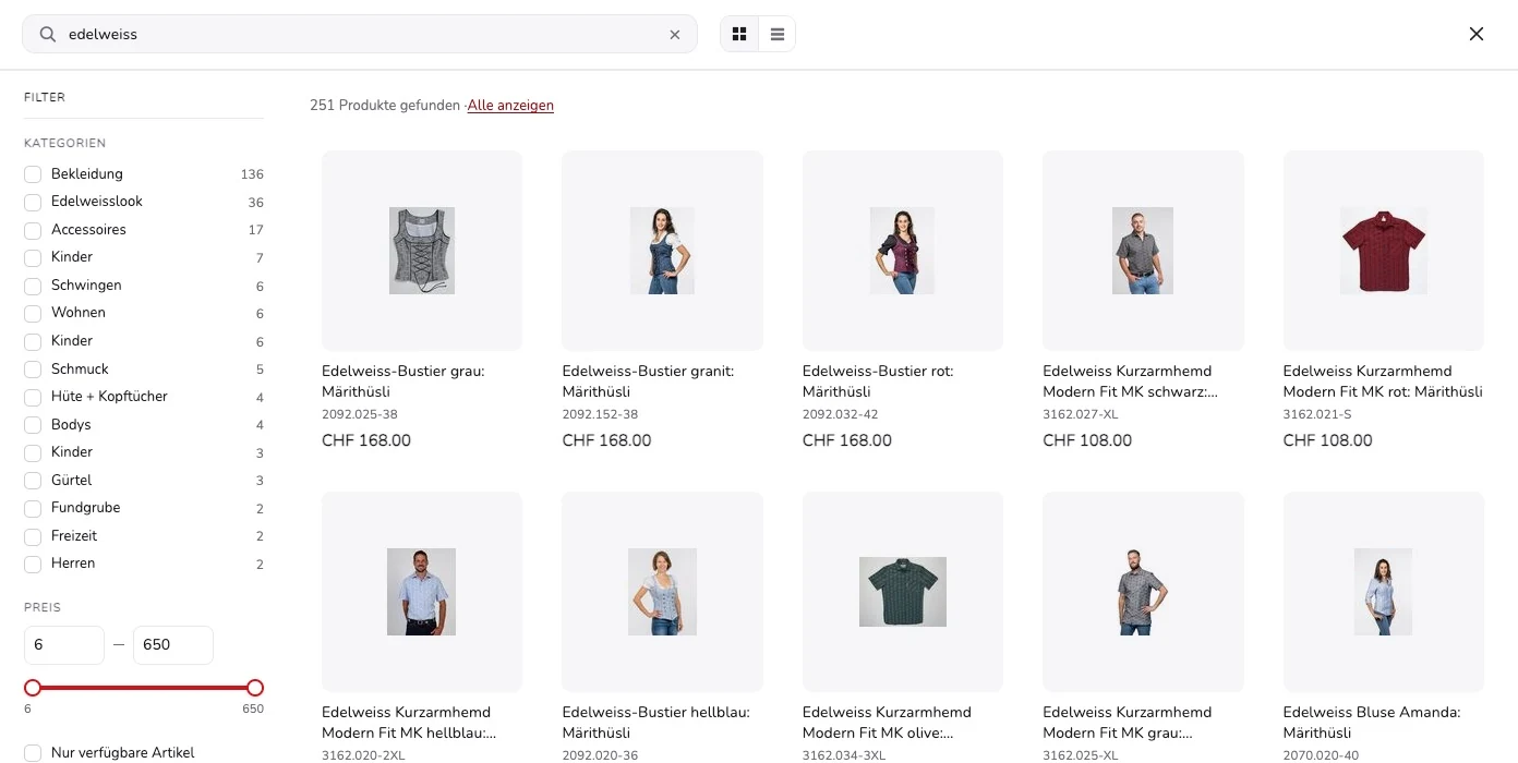 saldiaSearch-Suchfenster über dem Shop mit Filterspalte, Trefferzahl und Produktraster