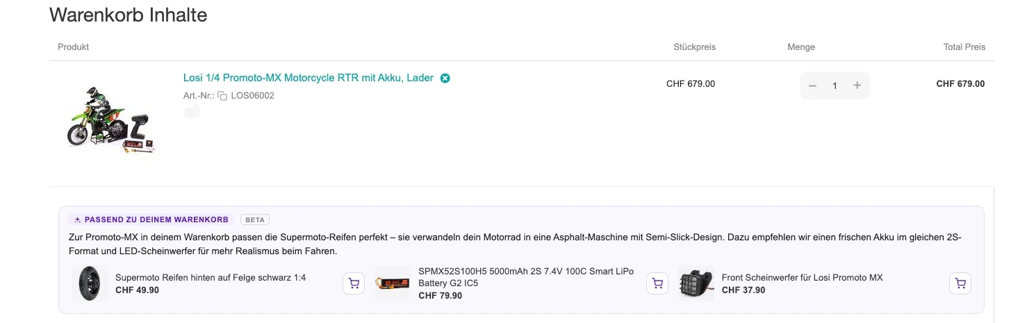 Warenkorbseite mit dem Block «Passend zu deinem Warenkorb» und drei ergänzenden Produkten